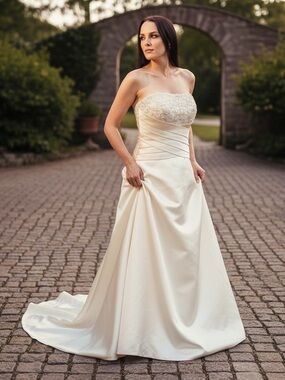 Moonlight Bridal Silk Wedding Dress Strapless Champagne Gown Chapel Train 12